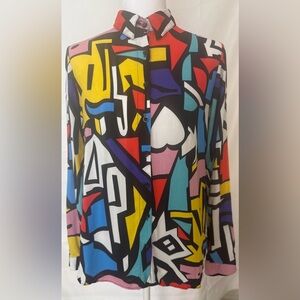 Vintage Big Dart Retro Pop Art Abstract Blouse Size Medium Button Front